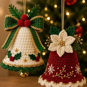 Può includere: Due decorazioni a forma di campana all'uncinetto appese con fili dorati. La campana sinistra è color crema con foglie di agrifoglio verdi, bacche rosse e un fiocco verde. La campana destra è rossa con una stella di Natale bianca e ricami oro.