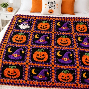 May include: A handmade crochet blanket featuring a repeating grid of black squares, each containing a textured orange jack-o'-lantern, a purple witch hat with a yellow buckle, or a white ghost, all bordered by an orange and purple yarn pattern.