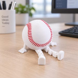 以下が含まれることがあります： 赤いステッチが施された白い野球ボール型のフィギュア。関節のある白い腕と脚が付いており、座った姿勢を保つことができます。野球ボールの表面は、層状のテクスチャーが特徴的なデザインになっています。