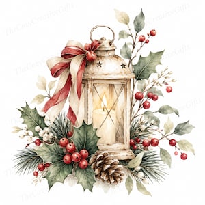 May include: A decorative lantern with a lit candle inside, adorned with a large red and white striped ribbon. The lantern is surrounded by green holly leaves, red berries, white berries, and a brown pinecone, creating a festive arrangement.