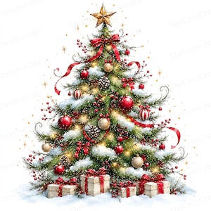 May include: A decorated Christmas tree featuring green pine needles dusted with white snow, adorned with red ribbons, gold and red ornaments, pinecones, and berries. A gold star sits at the top, with gift boxes placed at the base.