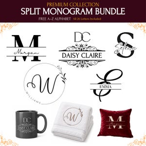 May include: A digital collection of black split monogram designs featuring various fonts and decorative elements. The bundle includes examples of these monograms applied to a gray mug, a white folded towel, and a dark red velvet throw pillow.