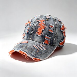 May include: A distressed denim baseball cap featuring a washed blue finish with multiple frayed sections revealing bright orange fabric underneath. The cap has a curved brim with matching frayed edges and orange accents throughout the design.