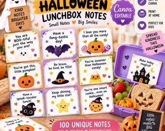 100 Halloween-matlådelappar, redigerbara Canva-motiv, kusliga uppmuntrande meddelanden (digital nedladdning)