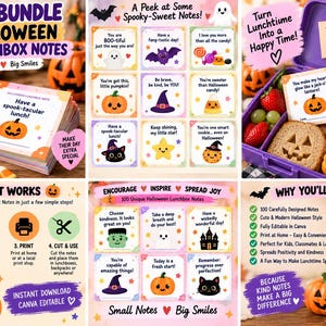 May include: A digital bundle of 100 printable Halloween lunchbox notes featuring colorful illustrations of ghosts, pumpkins, bats, and cats with encouraging text. The set includes editable templates for customization, instructions for use, and examples of notes placed inside a purple lunchbox with food.
