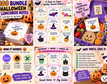 May include: A digital bundle of 100 printable Halloween lunchbox notes featuring colorful illustrations of ghosts, pumpkins, bats, and cats with encouraging text. The set includes editable templates for customization, instructions for use, and examples of notes placed inside a purple lunchbox with food.