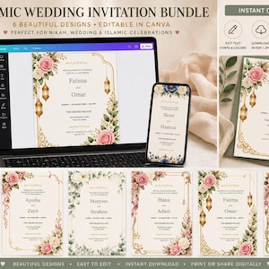 Puede incluir: Un paquete de invitaciones de boda islámicas con seis plantillas digitales editables mostradas en una laptop y un teléfono inteligente. Los diseños incluyen acentos florales, linternas doradas y campos de texto para nombres, fechas y ubicaciones.