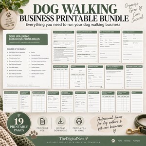 Puede incluir: Un paquete de documentos imprimibles para negocios de paseo de perros que incluye 19 páginas de formularios profesionales como contratos de servicio, fichas de admisión, horarios y facturas, con encabezados y texto en verde oscuro.