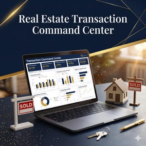 Peut inclure: Un ordinateur portable affichant un tableau de bord Real Estate Transaction Command Center avec des graphiques et des mesures. À côté se trouvent deux modèles de maisons miniatures avec des panneaux SOLD rouges et blancs, un stylo doré et des clés.