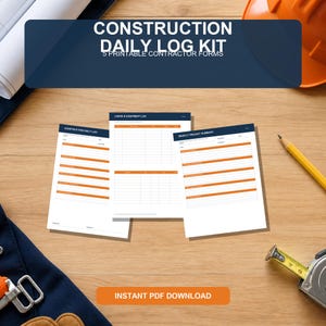 Pode incluir: Um kit de diário de obra com cinco formulários imprimíveis para empreiteiros, com papel branco, cabeçalhos azul-escuro e detalhes em laranja. Os formulários incluem um diário de obra, registo de mão de obra e equipamento e um resumo semanal.