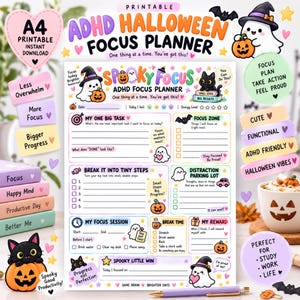 Puede incluir: Una hoja de planificación A4 imprimible ADHD Halloween con secciones para tareas, zonas de enfoque, pasos pequeños, distracciones, sesiones, descansos y recompensas. El diseño incluye fantasmas, calabazas y gatos con tonos pastel.