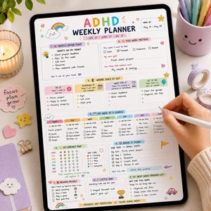 May include: A digital ADHD weekly planner displayed on a tablet screen, featuring colorful sections for tasks, energy tracking, and goals. The layout includes headers like Weekly Brain Dump, This Week Matters, and My Week at a Glance with pastel icons.