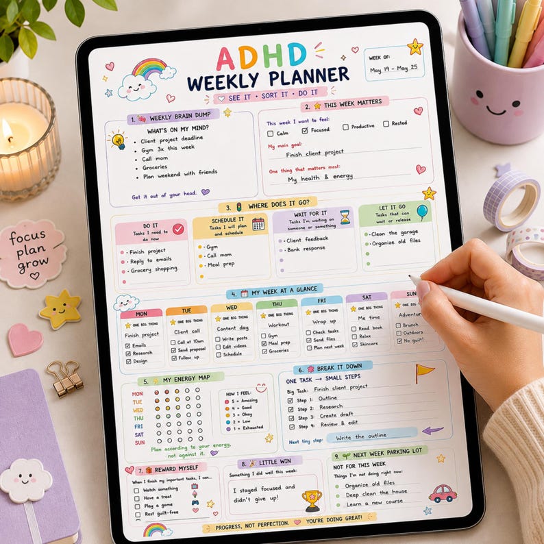 May include: A digital ADHD weekly planner displayed on a tablet screen, featuring colorful sections for tasks, energy tracking, and goals. The layout includes headers like Weekly Brain Dump, This Week Matters, and My Week at a Glance with pastel icons.