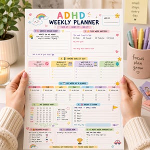 May include: A white paper ADHD weekly planner with colorful headers and sections including a brain dump, weekly goals, task prioritization, a daily schedule, energy tracker, and reward system. The text includes ADHD WEEKLY PLANNER, SEE IT SORT IT DO IT, and various prompts for organizing tasks and tracking personal well-being throughout the week.
