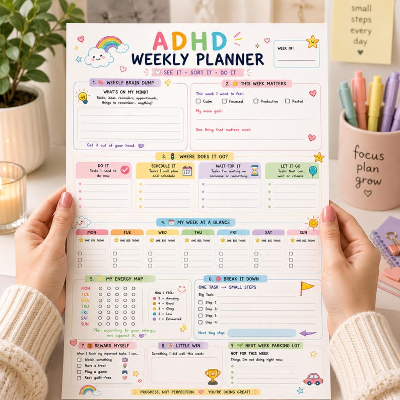 May include: A white paper ADHD weekly planner with colorful headers and sections including a brain dump, weekly goals, task prioritization, a daily schedule, energy tracker, and reward system. The text includes ADHD WEEKLY PLANNER, SEE IT SORT IT DO IT, and various prompts for organizing tasks and tracking personal well-being throughout the week.