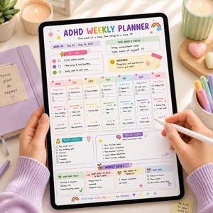 May include: A digital ADHD weekly planner displayed on a tablet screen, featuring sections for daily tasks, appointments, a brain dump, and weekly reflections. The interface uses a colorful, organized layout with pastel headers, checkboxes, and text fields for planning the week of May 20 to May 26, 2024, with various motivational prompts.