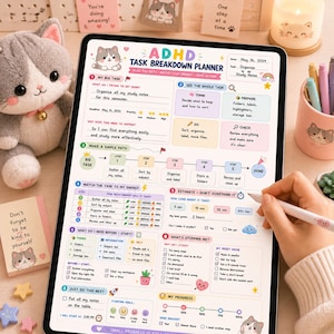 Op de afbeelding: Een digitale ADHD-takenplanner op een tabletscherm, met pastelkleurige secties voor het organiseren van studienotities, deadlines instellen, tijd inschatten en voortgang bijhouden, versierd met schattige kattenillustraties en iconen.