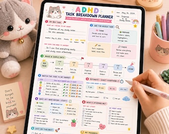 May include: A digital ADHD task breakdown planner displayed on a tablet screen, featuring pastel-colored sections for organizing study notes, setting deadlines, estimating time, and tracking progress, decorated with cute cat illustrations and icons.