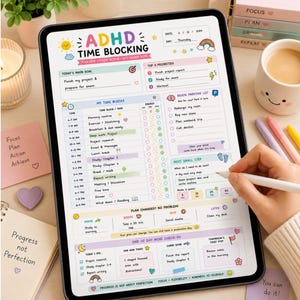 May include: A digital tablet displaying an ADHD time blocking planner template with sections for daily goals, priorities, time blocks, a brain parking lot, and end-of-day check-ins, featuring colorful icons, pastel accents, and handwritten text.