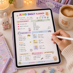 May include: A digital tablet displaying an ADHD daily planner template with colorful sections for priorities, tasks, and self-care. The screen features text including ADHD DAILY PLANNER, MY TOP 3 PRIORITIES, BRAIN DUMP, TODAY'S TASKS, and MY DAY.