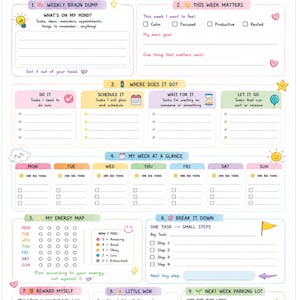 May include: A colorful ADHD weekly planner sheet featuring sections for a weekly brain dump, energy mapping, task breakdown, and reward tracking. The layout includes pastel-colored boxes, icons, and text prompts like "See it, Sort it, Do it" and "Progress, not perfection" to organize daily tasks.