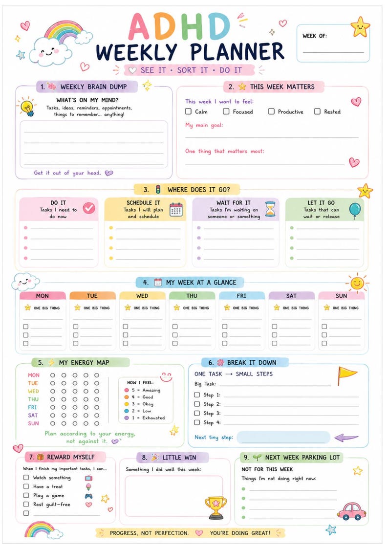 May include: A colorful ADHD weekly planner sheet featuring sections for a weekly brain dump, energy mapping, task breakdown, and reward tracking. The layout includes pastel-colored boxes, icons, and text prompts like "See it, Sort it, Do it" and "Progress, not perfection" to organize daily tasks.