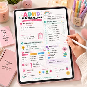 以下が含まれることがあります： タブレット画面に表示されたADHDタスク分解プランナー。大きなタスク、ステップごとのアクション、優先順位、進捗状況を追跡するためのカラフルなセクションが特徴です。インターフェースには虹のグラフィック、チェックボックス、かわいいアイコンが含まれています。