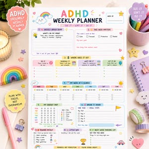 May include: A white paper weekly planner sheet with colorful headers and sections titled ADHD Weekly Planner. It includes areas for a weekly brain dump, task sorting, a weekly glance, energy mapping, breaking down tasks, rewards, and a parking lot.
