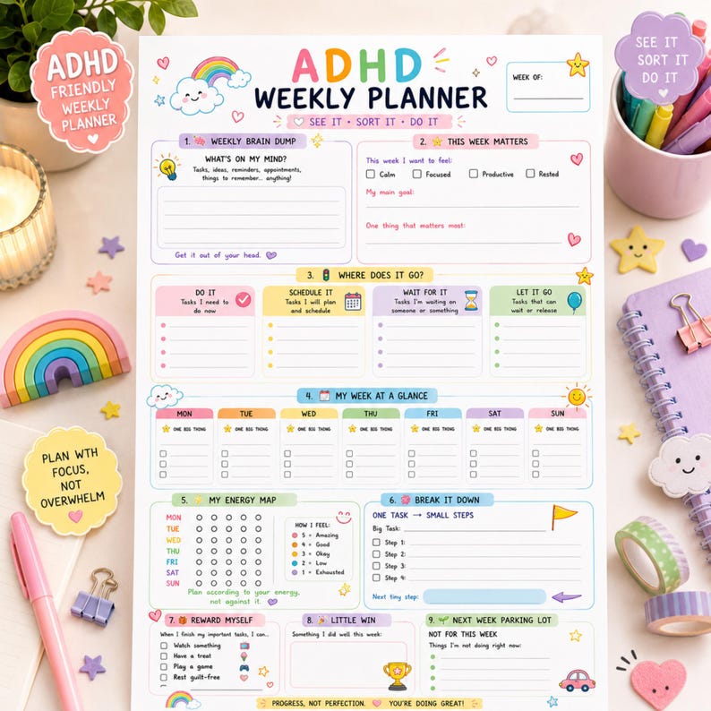 May include: A white paper weekly planner sheet with colorful headers and sections titled ADHD Weekly Planner. It includes areas for a weekly brain dump, task sorting, a weekly glance, energy mapping, breaking down tasks, rewards, and a parking lot.