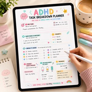 Könnte beinhalten: Ein digitaler ADHS-Aufgabenplaner auf einem Tablet-Bildschirm. Die Vorlage enthält Abschnitte für große Aufgaben, Prioritäten, Schritt-für-Schritt-Unterteilungen, Energielevel und Fortschrittsverfolgung, verziert mit bunten Symbolen und Pastelltext.