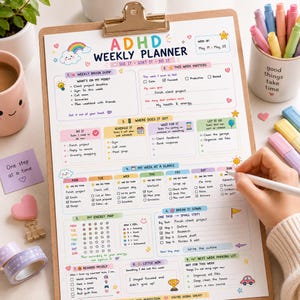 May include: An ADHD weekly planner on a wooden clipboard with colorful sections for tasks, goals, and energy tracking. The page features a rainbow, stars, and clouds, with handwritten text including 'ADHD WEEKLY PLANNER' and 'May 19 - May 25'.
