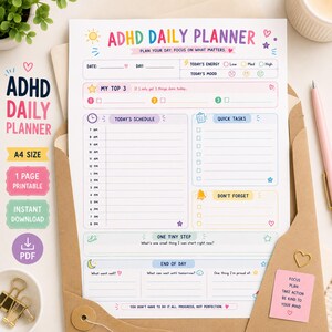 May include: An ADHD daily planner printable sheet featuring sections for date, energy, mood, top three priorities, a schedule from 7 AM to 8 PM, quick tasks, reminders, a tiny step goal, and end of day reflections with colorful icons and text.
