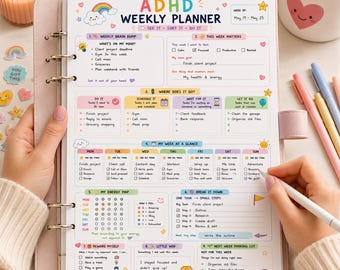 May include: A light pink ring-bound ADHD weekly planner with colorful sections for brain dumping, goal setting, task scheduling, energy tracking, and rewards. The page features pastel illustrations of rainbows, stars, and hearts with printed text.