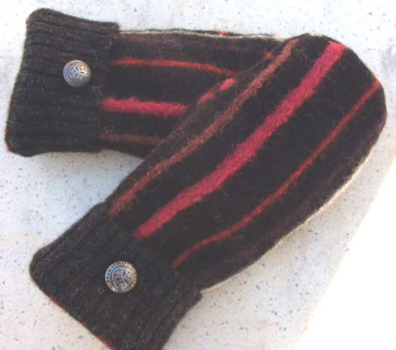 Alpaca Sweater MittensBlack With Raspberry Rust and White StripesWashableFleece LinedWarmer than WoolSize M AdultFashion Metal Button