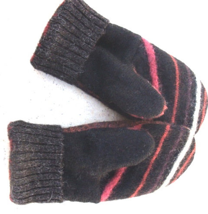 Alpaca Sweater MittensBlack With Raspberry Rust and White StripesWashableFleece LinedWarmer than WoolSize M AdultFashion Metal Button