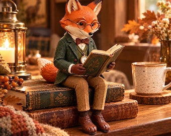 May include: A figurine of an anthropomorphic fox wearing round glasses, a dark green plaid blazer, a brown bowtie, and tan trousers. The fox is sitting on a stack of books while reading an open book, with a small pocket watch visible on its vest.