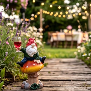 Estátua de gnomo de jardim em resina pintada à mão, taça de vinho, placa de boas-vindas em forma de cogumelo, decoração de jardim lúdica