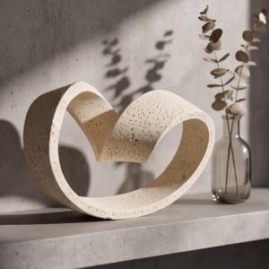 May include: A cream-colored, textured sculpture featuring a continuous, looping ribbon-like form that creates an abstract heart shape. The surface has a porous, speckled appearance, and it is positioned next to a clear glass vase with dried stems.