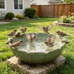 May include: A scalloped, light green ceramic birdbath basin filled with water, featuring several small brown sparrows perched on the rim and splashing inside. The basin has a weathered, rustic finish and sits on a square stone base in a garden.