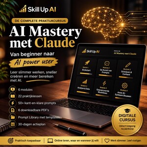 Op de afbeelding: Een digitale cursusadvertentie voor Skill Up AI genaamd AI Mastery met Claude. De afbeelding toont een laptop met zes cursusmodules, een gloeiende hersenillustratie en tekst met details over 6 modules, 22 lessen en 50+ prompts.