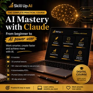 Op de afbeelding: Een digitale cursusadvertentie voor AI Mastery with Claude met een laptop die zes modules weergeeft, waaronder Kickstart, The Art of Prompts, Writing & Content, Analyse & Data, Advanced Workflows en Build Your AI System in goudkleur.