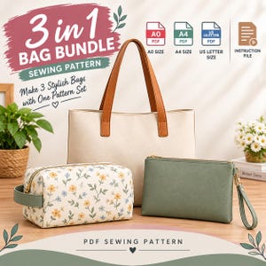 Könnte beinhalten: Ein 3-in-1-Taschen-Schnittmuster mit einer großen cremefarbenen Tragetasche mit braunen Henkeln, einem kastenförmigen Täschchen mit Blumenmuster und einer einfarbigen salbeigrünen Reißverschlusstasche. Enthält A0, A4, US Letter PDF-Dateien und Anleitung.