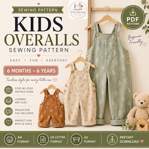 Pode incluir: Um molde de costura digital para jardineiras infantis, com o texto Kids Overalls Sewing Pattern, 6 Months - 6 Years e Beginner Friendly. Três jardineiras nas cores ferrugem, bege e verde sálvia com estampas de folhas brancas em cabides.