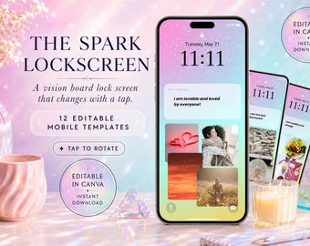 Editable Rotating Vision Board Lock Screen Templates, Mobile Manifestation Wallpaper Bundle (Canva)