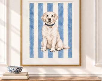 White English Lab Wall Art, Preppy Labrador Watercolor Printable, Blue Striped Dog Digital Download