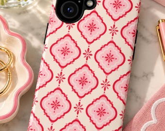 Pink Geometric Preppy iPhone Case, Retro Tough Cover