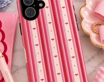Pink Red Striped iPhone Case, Preppy Y2K Style, Butterfly Pattern (Matte/Glossy)