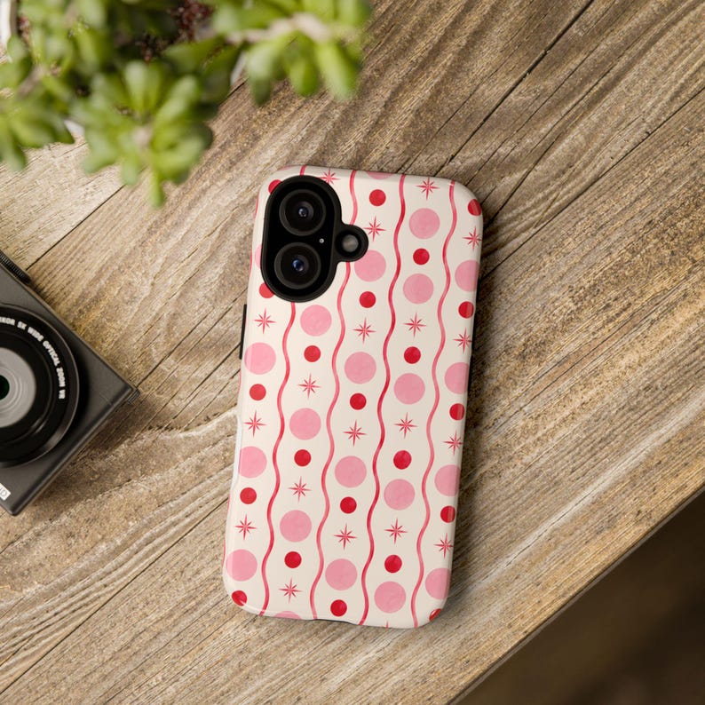 Pink Red Polka Dot Phone Case, Y2K Retro Wavy Lines, Starburst Accents image 6