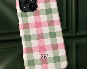 Personalized Gingham Phone Case, Pink Sage Monogram, Tough Protective Cover