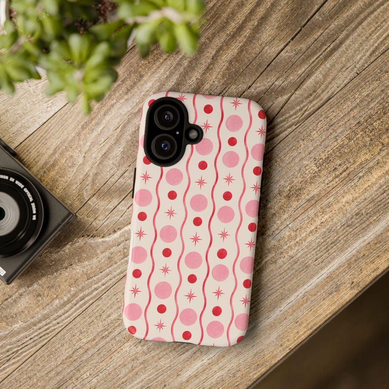 Pink Red Polka Dot Phone Case, Y2K Retro Wavy Lines, Starburst Accents image 10